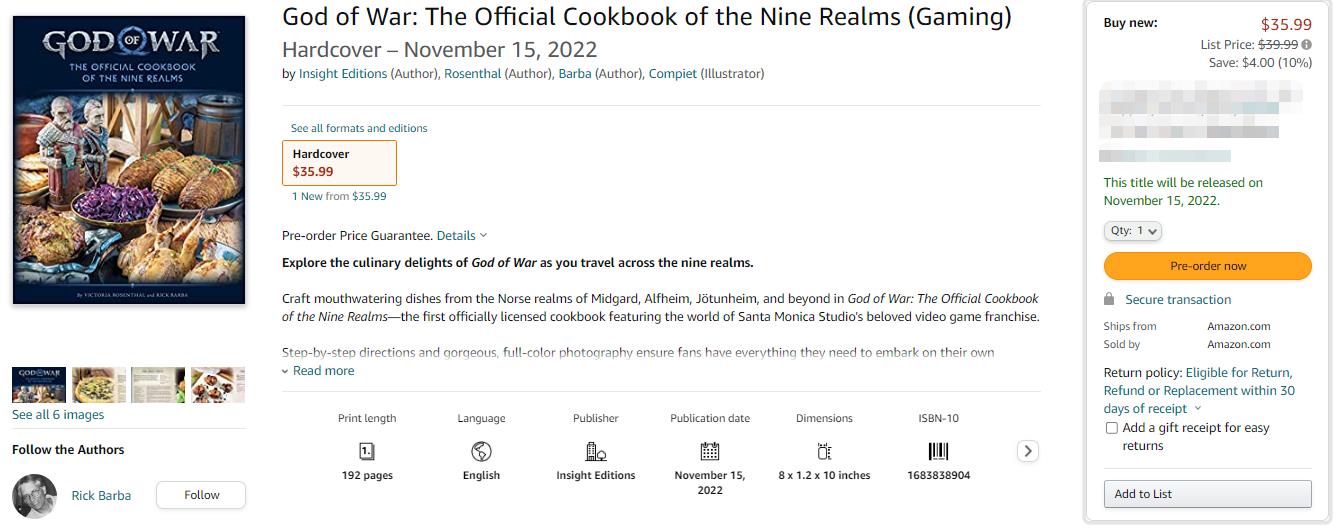 官方《战神：九届食谱》11月15日发售 定价40美元