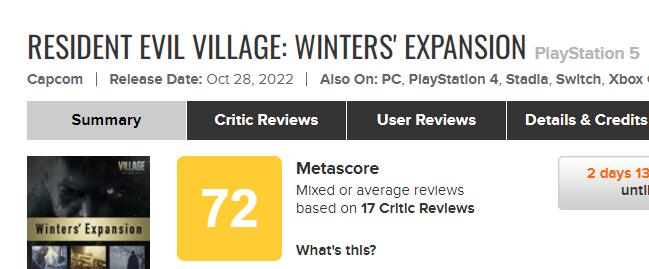 《生化危机8 村庄》DLC“温特斯家的传续”得分出炉，GameSpot6分，MC媒体72分
