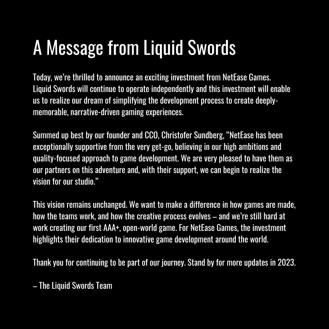 Liquid Swords Studio获得网易投资，正在开发一款3A开放世界游戏